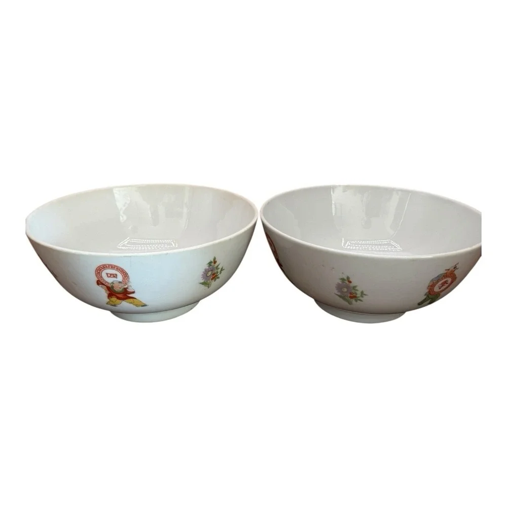 Vintage Chinese Porcelain Bowls Set of 2 Children Floral Hand Painted 4.5 Inch